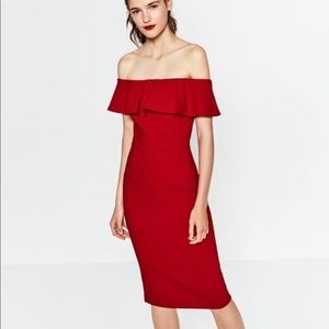 Red Zara off the shoulder midi dress